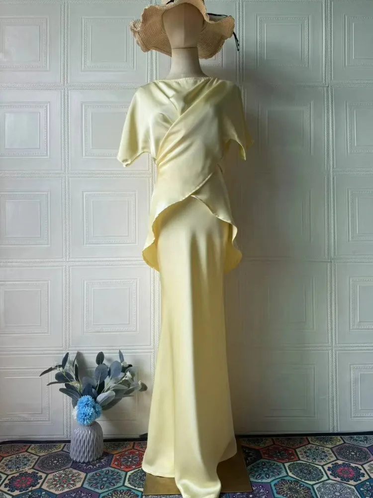 

Длинная юбка до половины тела, женский комплект из двух предметов, летняя одежда из 2 предметов, рубашка с круглым вырезом и короткими рукавами, пояс на талии и