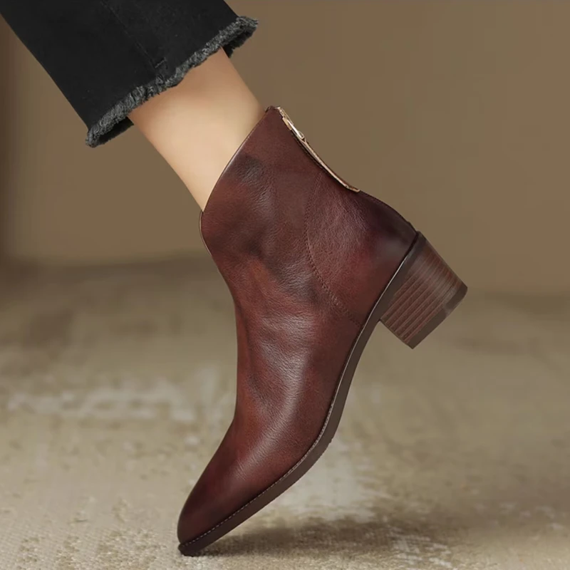 2025 nova moda outono pu botas de tornozelo dedo do pé apontado botas vintage femininas inverno quente e confortável zíper traseiro