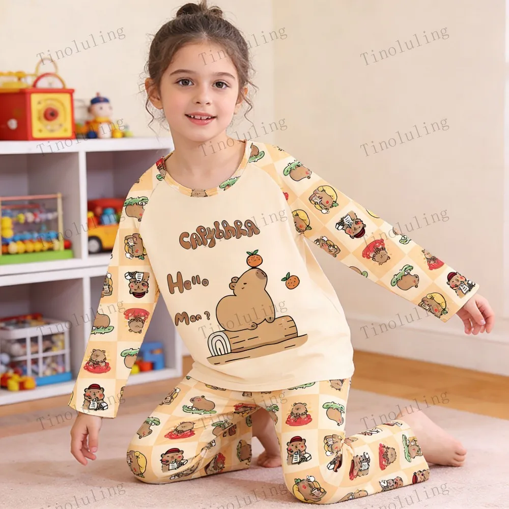Funny Cartoon Boys Pajamas Sets Capybara 2026 Winter Underwear Pijama 2 to 8 10 11 12 Years Teenage Girl Clothing Kids Homewear