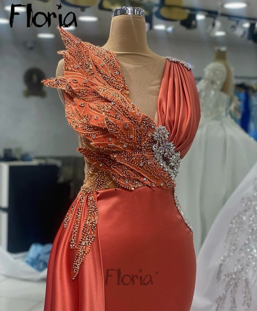 African Orange Wedding Party Dress Long Celebrity Dresses Elegant 2023 Night Dinner Gowns  Robe Soirée Female Satin Side Train