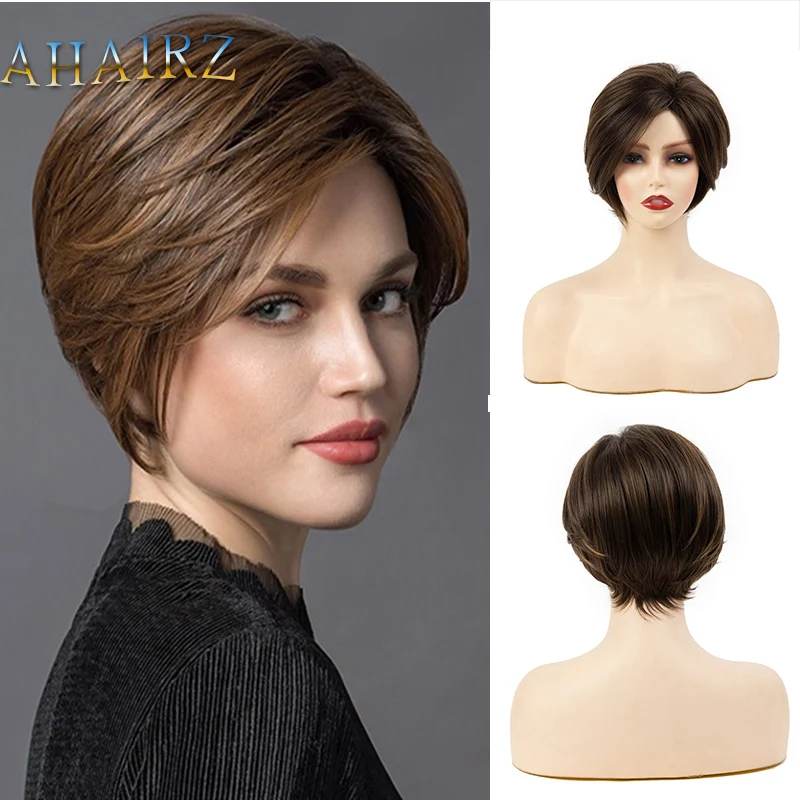 

Synthetic Brown Wigs Short Straight Fluffy Pixie Cut Wigs for Black/White Women Daily Cosplay Fake Hair Heat Resistant Fiber