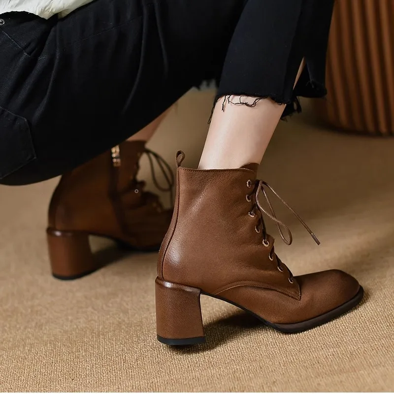 Women Ankle Boots Elegant Winter Shoes Genuine Leather Thick High Heels Spring Autumn Shoes Round Toe Women Short Boots