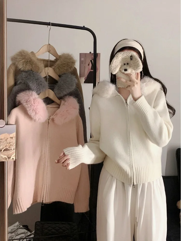 

plus Size Thickened Hooded Knitwear Outerwear Autumn Winter New Style Loose Slimming Design Fur Collar Sweater Top for Women