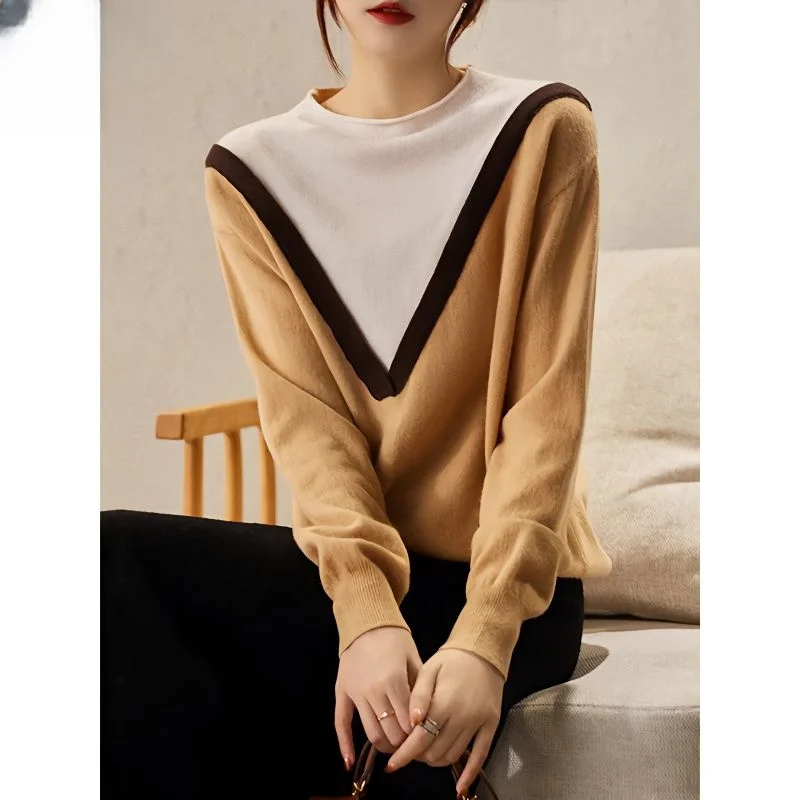 

2023 Spring Autumn Women New Fake Two Piece Pullover Tops Female Half High Collar Knit Tops Ladies Casual Sweater Tops S204