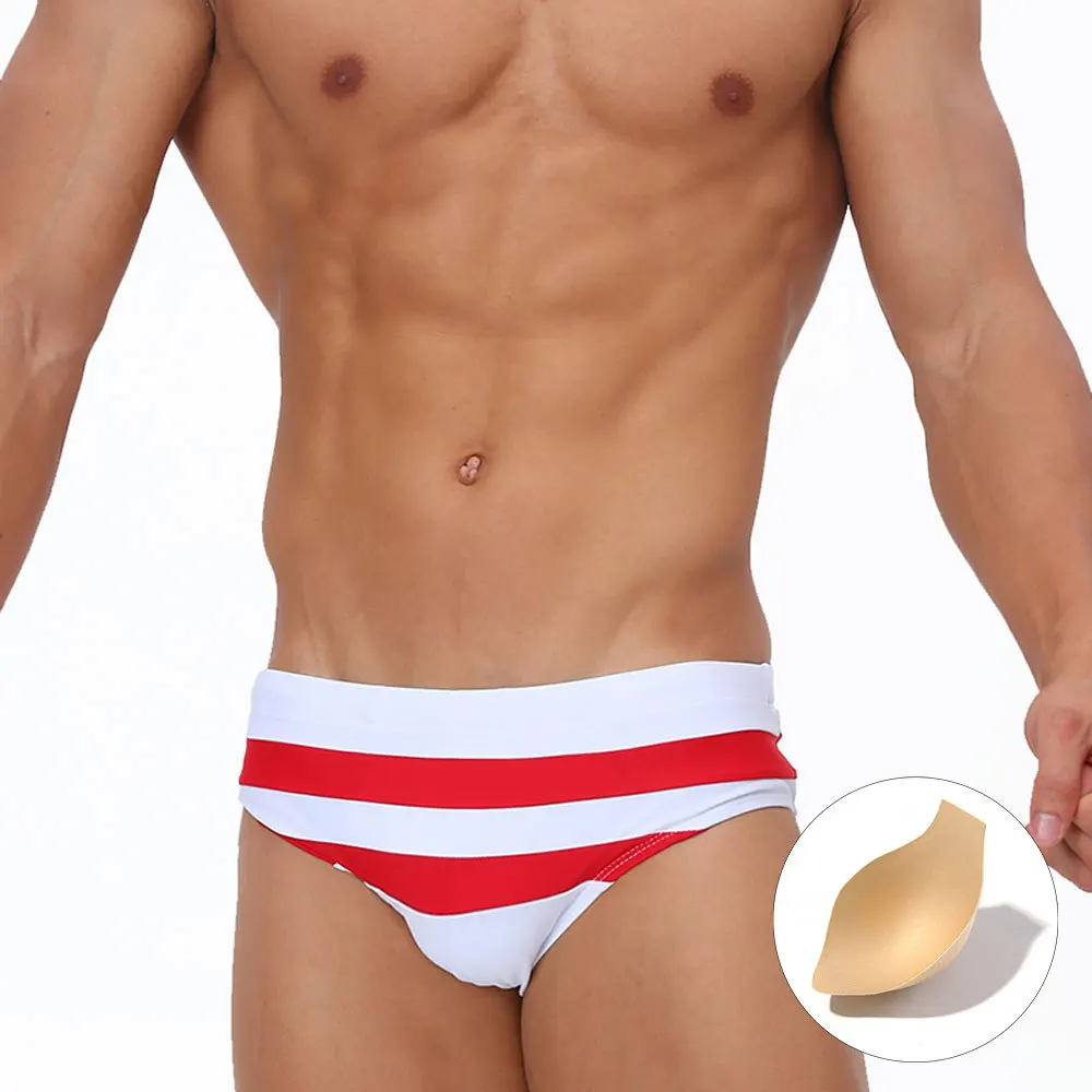 Calzoncillos de baño con bolsillo pequeño trasero a rayas para hombre, ropa interior de secado rápido con copa, estilo europeo y americano