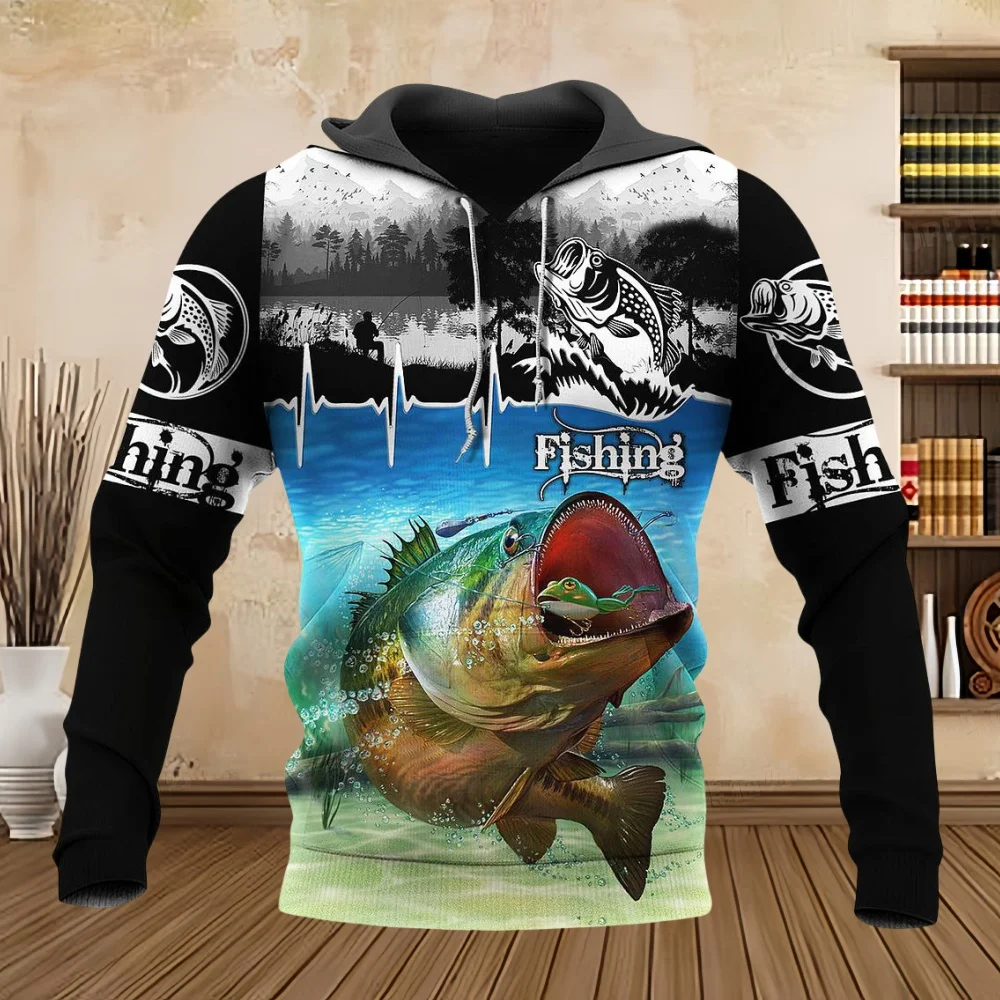 Wild Fishing Print 3D Hoodie for Men Fashion Hunting Fish Enthusiast Pullover Men\'s Clothes Casual Plus Size Sweatshirt Tops