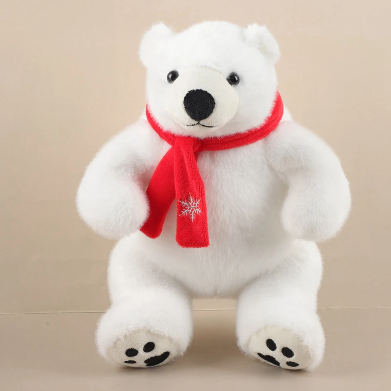 Großfüßiger Sitzender Eisbär Plüschtier mit Rotem Schal Flauschiges Gestopftes Eisbär-Kuscheltier Weiches Rundes Wildtier Zoo-Souvenir – Detail 1
