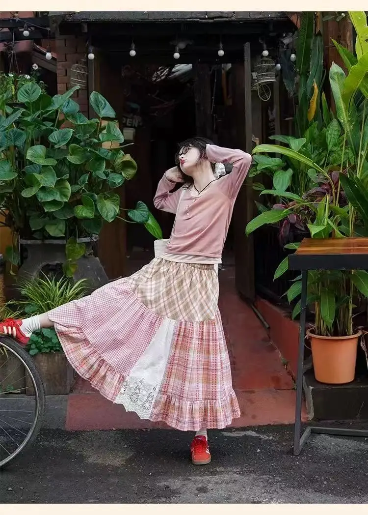 Nuovo in plaid patchwork misto cotone gonna lunga per donna 2025 moda giapponese dolce Mori ragazza gonne di media lunghezza panno donna