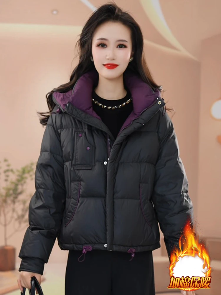 

Women's Winter Thiened Fce Lined Hooded ort Cotton Jaet Bread Sle Coat Korean Loose Fit Long Sve Zipper Closure