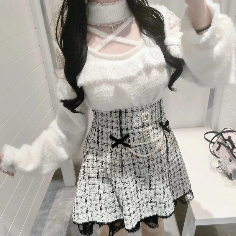 Women Japanese Style Kawaii Lolita Skirt Set Sweet Off Shoulder Knitted Sweater Tops Bow Pearl Plaid Mini Skirts Casual Y2k Suit
