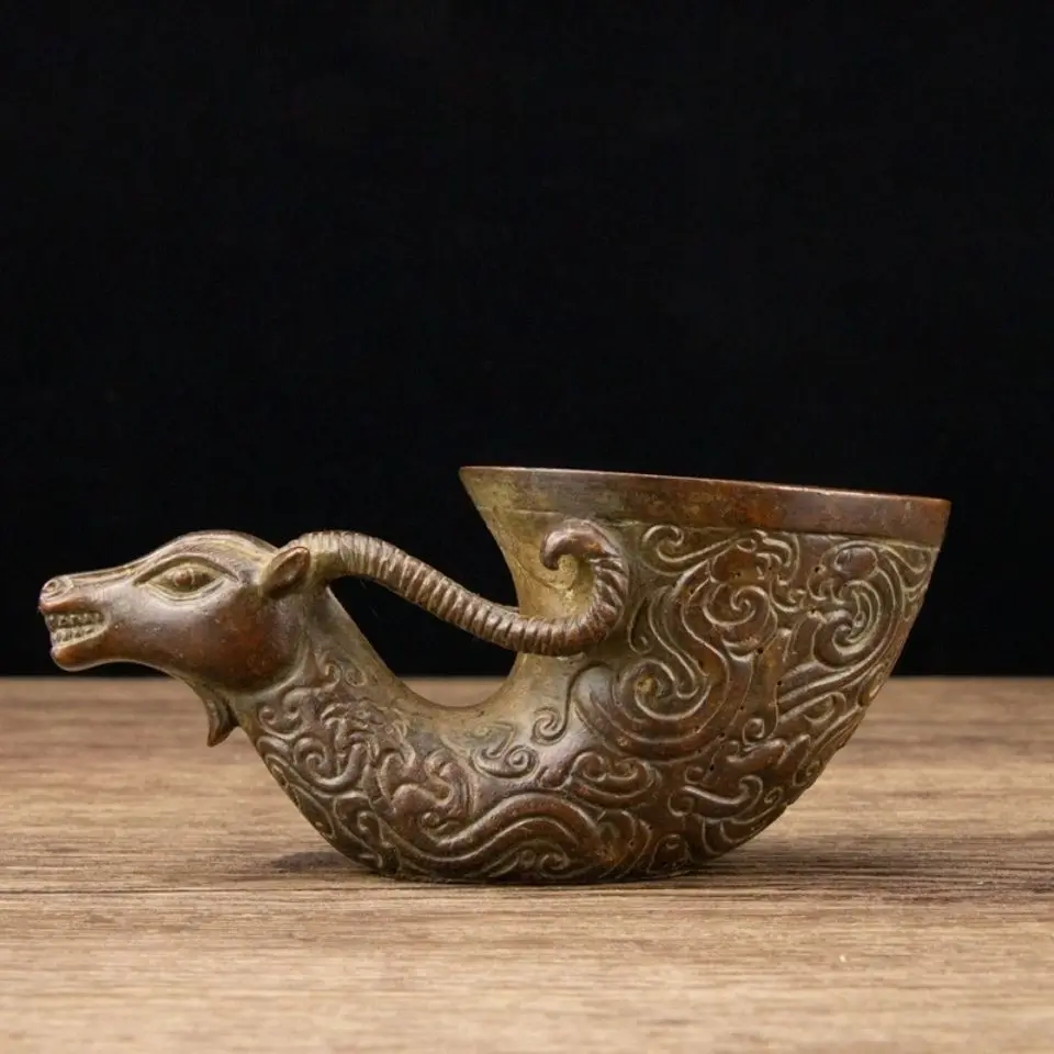 Imitation antique bronze pure copper phoenix pattern sheep head cup ornaments old objects collection miscellaneous items