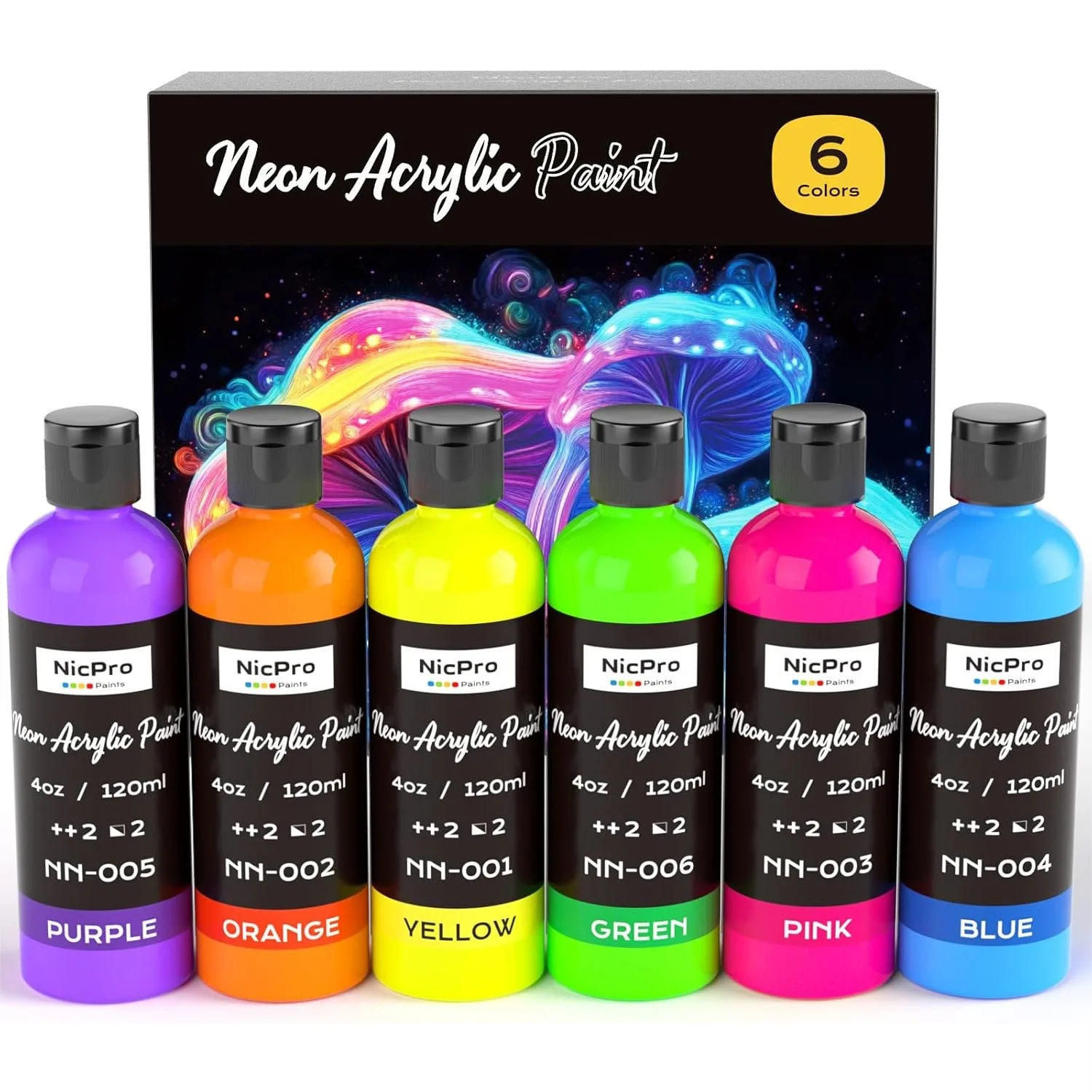 

6 Colors Fluorescent Acrylic Paint Set 4 Oz 120 Ml Glow Under UV Black Light Neon Paint for Neon Party Decoration DIY Project on Canvas Rock Wood Craft