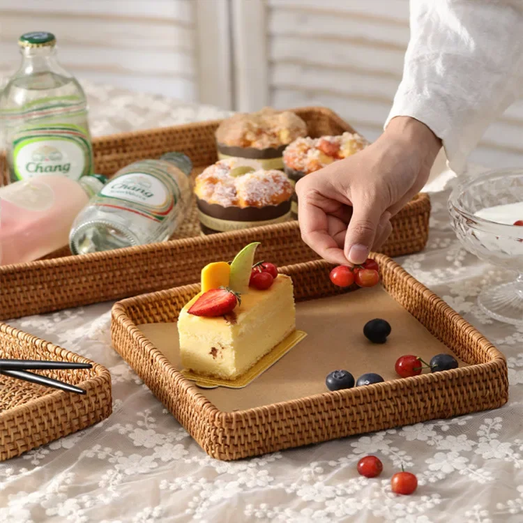 New Handwoven Storage Basket Rattan Storage Tray Wicker Basket Bread Fruit Breakfast Tea Picnic Basket Kitchen