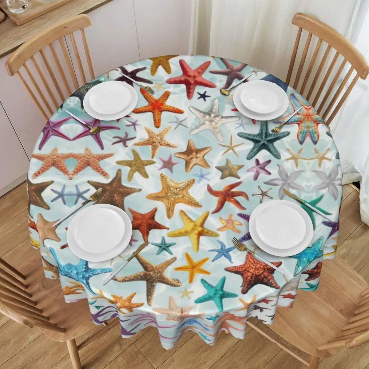 Custom Nautical Starfish Tablecloth Round Oilproof Ocean Theme Table Cover Cloth for Party 60 inches