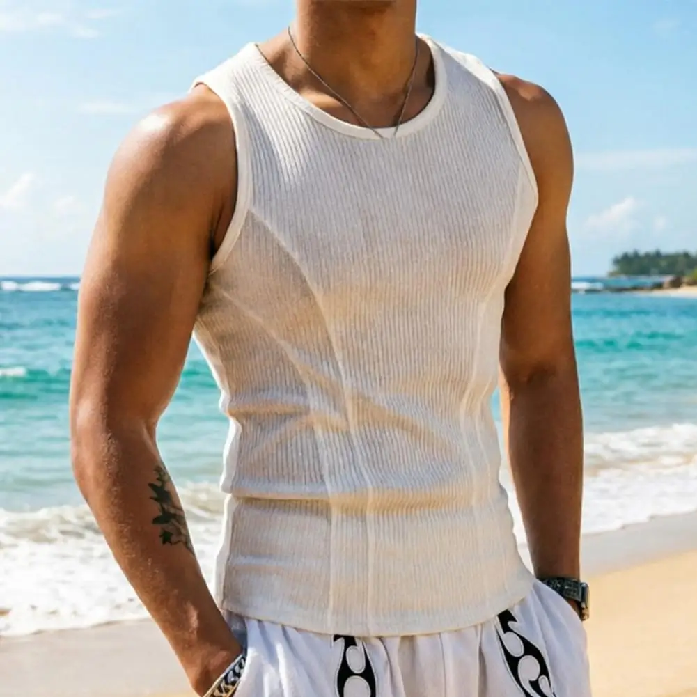 Gym Tank Top Running Tank Top Summer Men Tank Top Ribbed O-neck Shirt Breathable Slim Fit Stretch Gym Sports Tee Solid Color