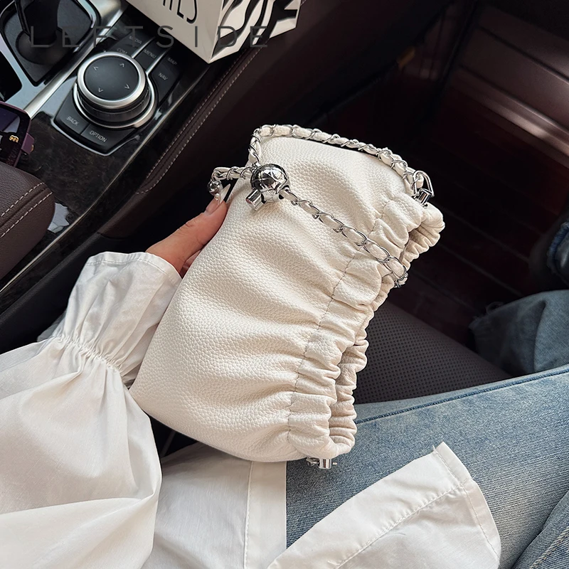 LEFTSIDE 2025 New Luxury Small PU Leather Solid Color Handbags and Purses Women's Crossbody Bag Silver Chain Shoulder Bags