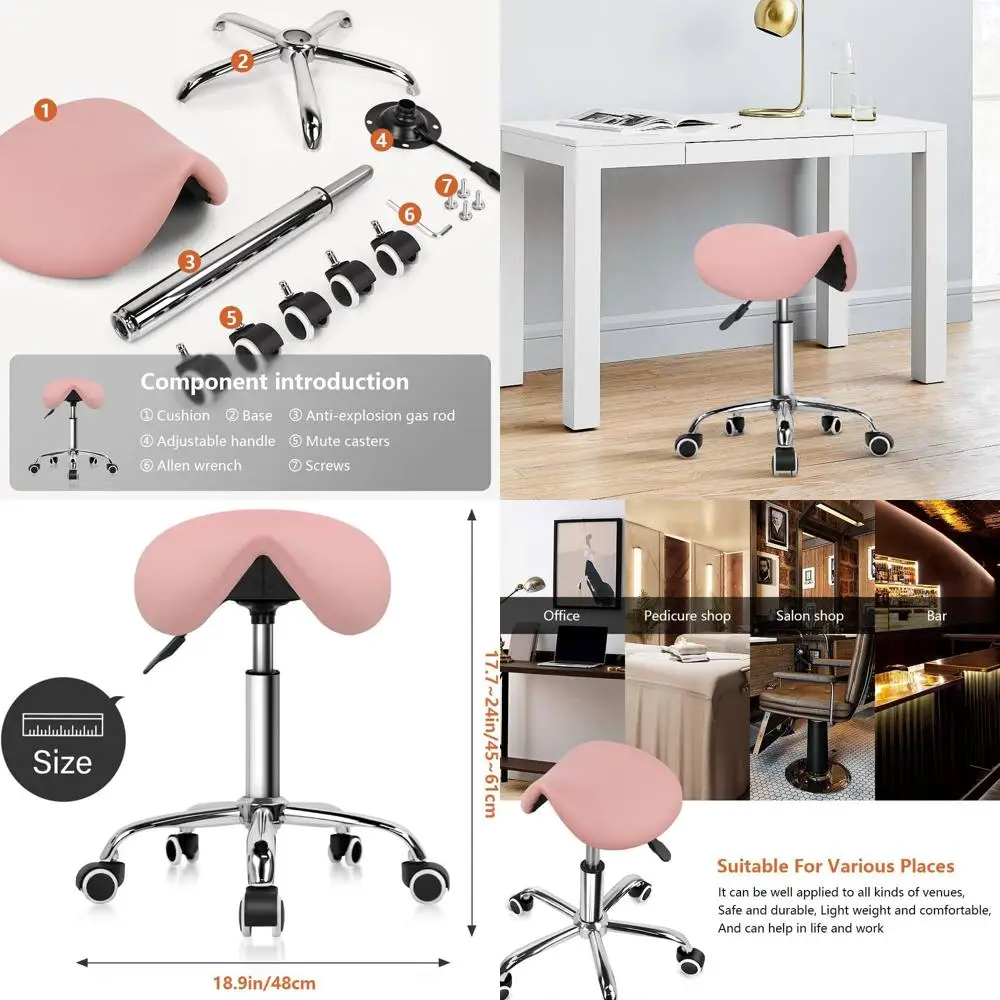 

Adjustable Swivel Rolling Stool with PU Leather Seat and Wheels in Pink