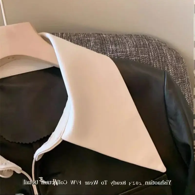 

Design Sense Black White Contrasting Lapel Leather Jacket for Women in Autumn 2024 Niche Temperament Fashionable Short Coat top