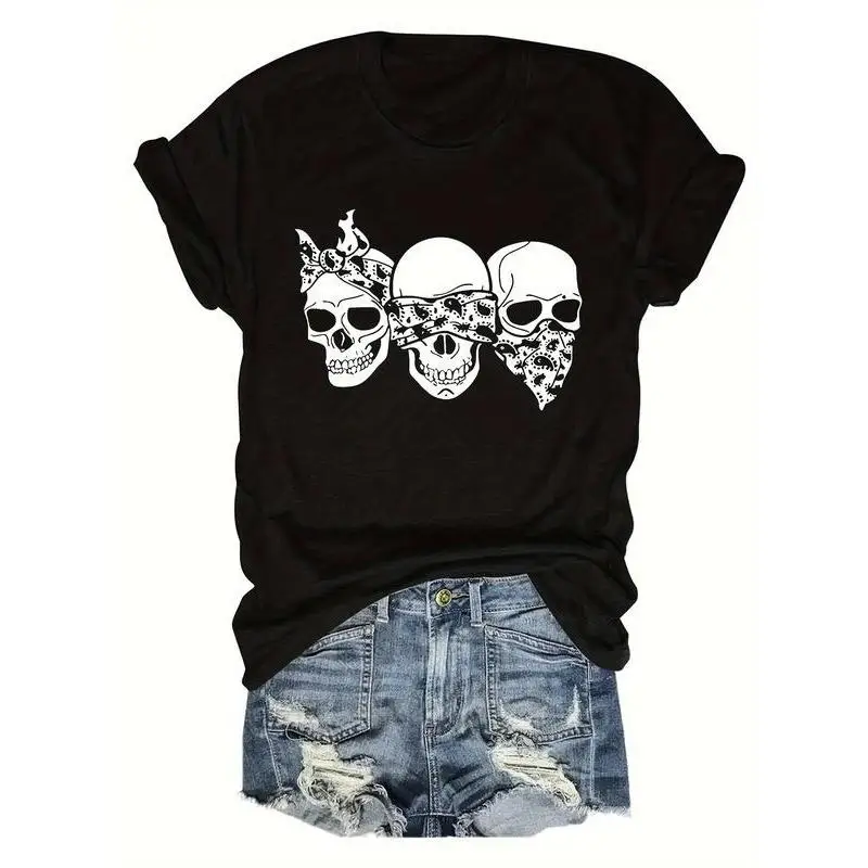 

Unisex Funny Skull T-shirt Men Women Three Skeletons Graphic Tee Gothic Streetwear Top Halloween Gift