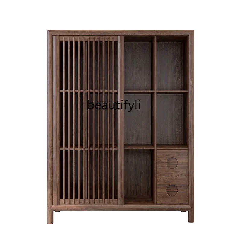 

New Chinese Style Tea Cabinet Solid Wood Sideboard Zen Storage Cabinet Locker Black Walnut Side Cabinet