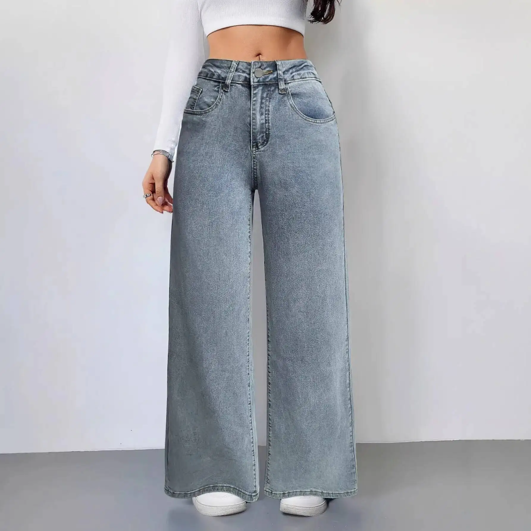

2026 Spring/Summer Pink Bow Embroidered Back Pocket Jeans, American Style Loose High-Waisted Wide-Leg Jeans