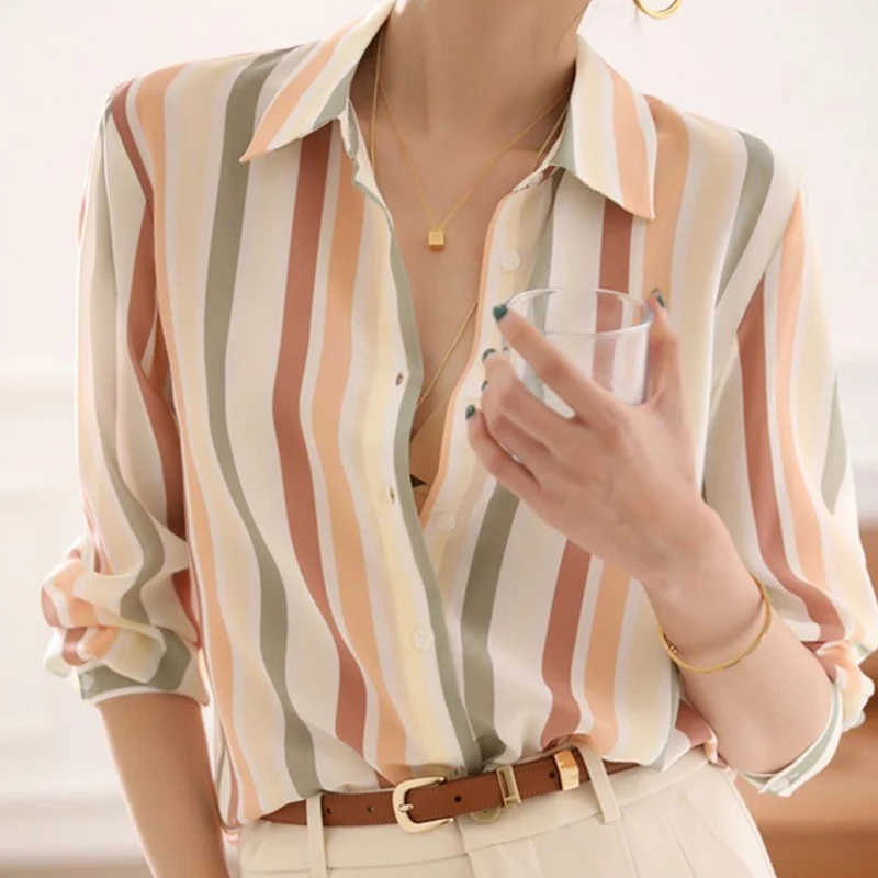 2023 Spring Autumn New Fashion Striped POLO Collar Long Sleeve Shirt Women Korean Style Elegant Contrast Color All-match Blouse