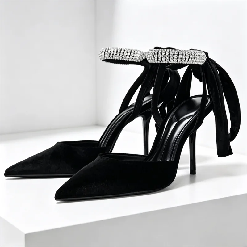 Elegant Velvet Rhinestone Embellished Pumps Women Sexy Pointed Toe Ankle Strap High Heels for Ladies Luxury Banquet Dress Shoes