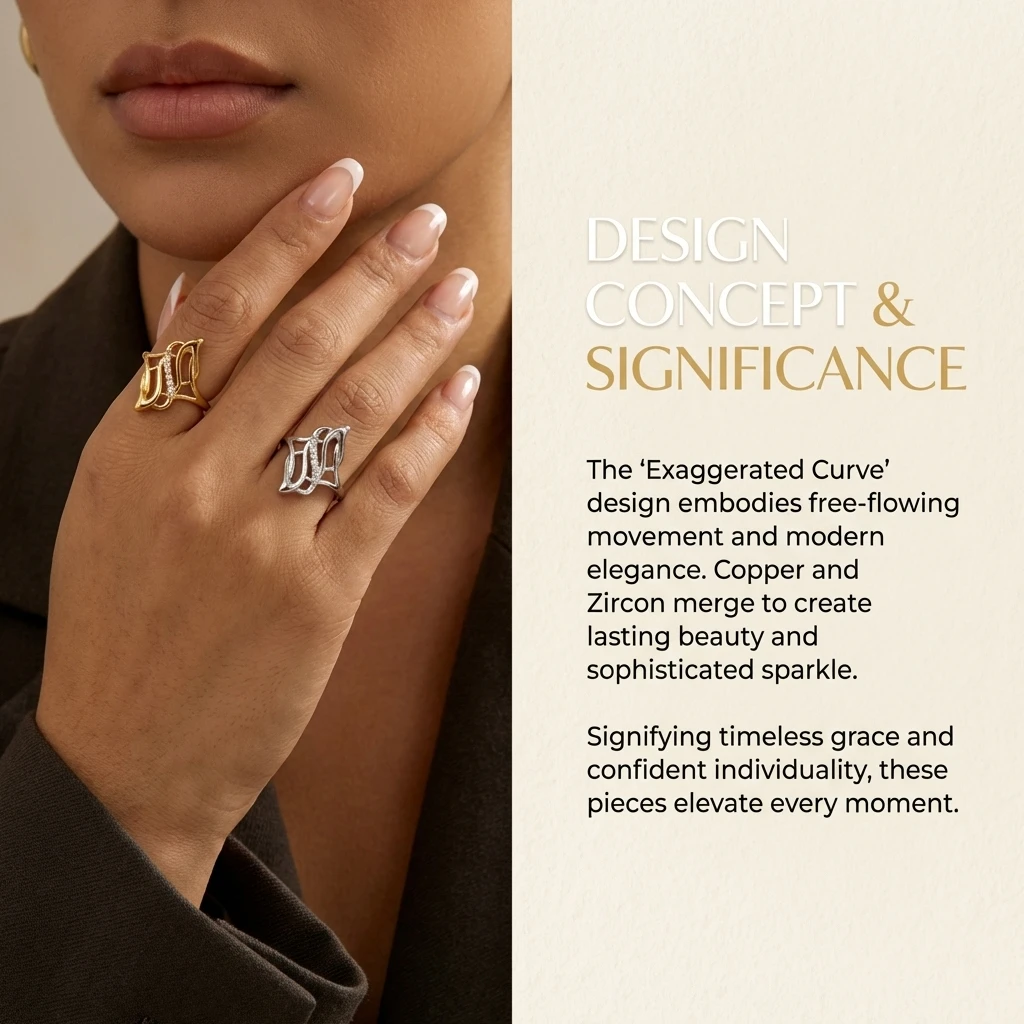 Eleganter geschwungener Ring für Damen aus Messing mit Zirkonia, durchbrochenes Schild-Design, langer Fingerring, Cocktail-Schmuck, raffinierter Abschlussball-Schmuck – Detail 1