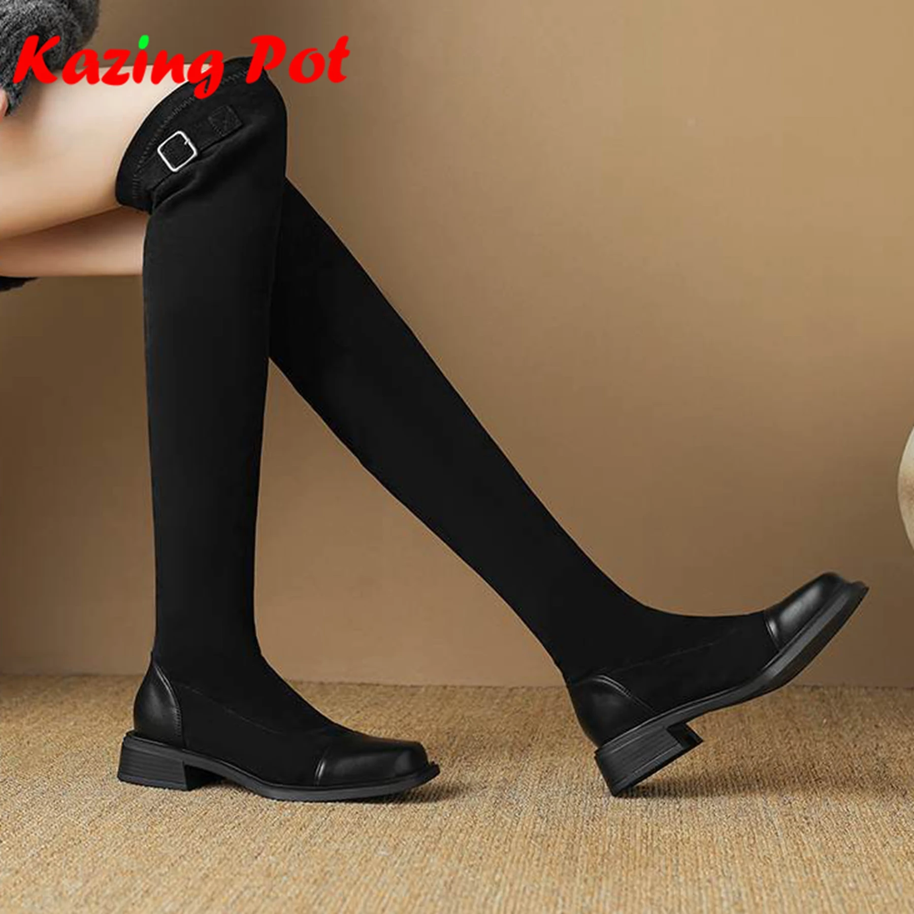

Krazing Pot 2026 Flock Med Heels Square Toe Stretch Long Boots Zip Black Color Elegant Modern Beauty Elastic Over-the-knee Boots