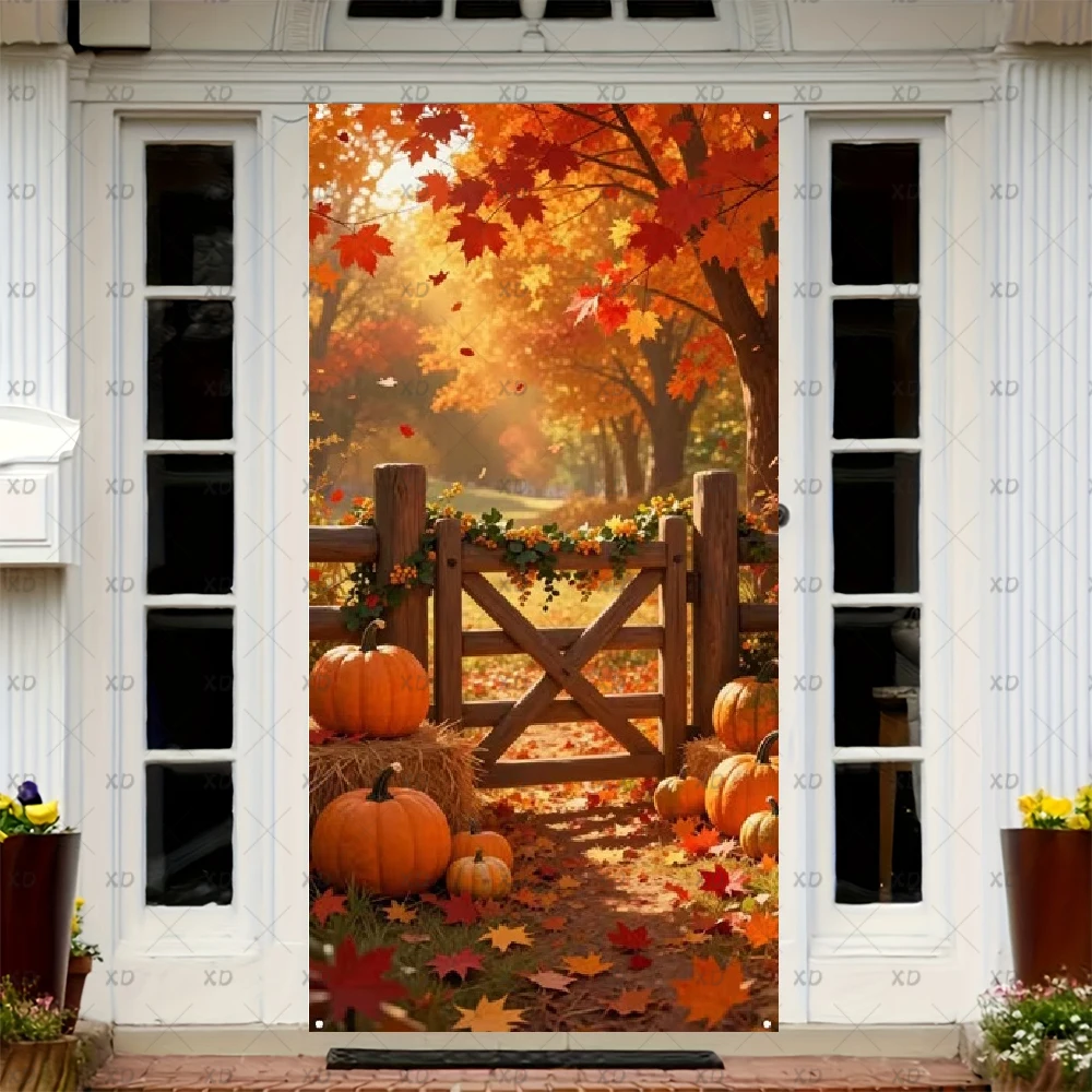 Fall Thanksgiving Pumpkin Door Cover Backdrop Harvest Party Decoration Background Country Golden Maple Fence Haystack Banner