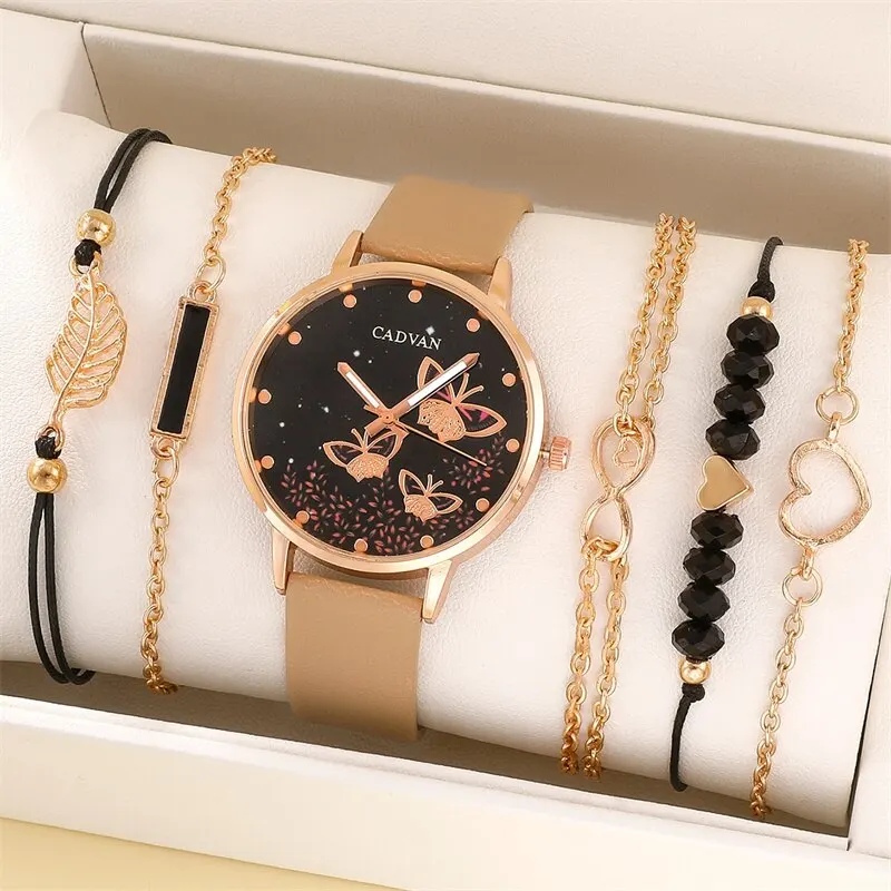 6pcs Set Womens Watches Ladies Fashion Butterfly Watch New Simple Casual Womens Analog WristWatch Bracelet Gift No Box