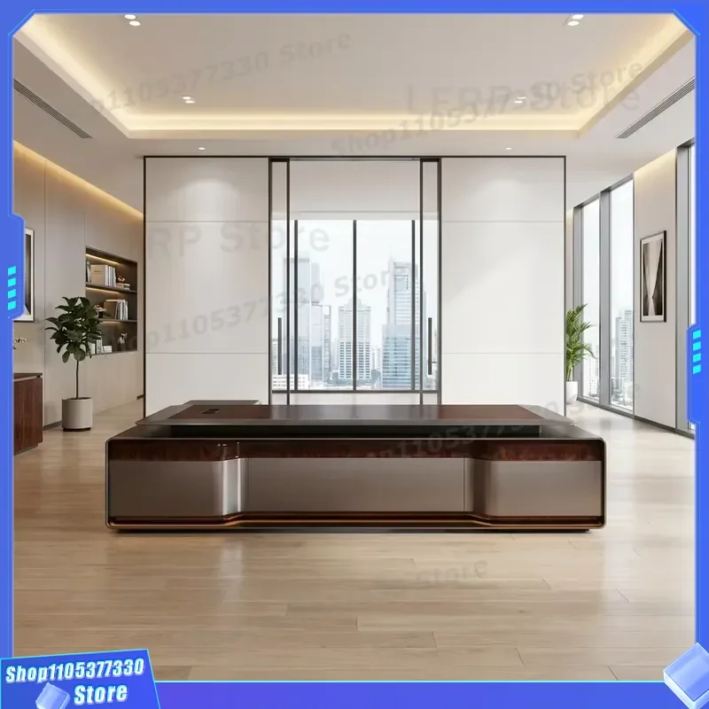 Executive Office Desk with Three Color LED Light Natural Wood Grain E1 MDF Crystal Glaze Finish Professional CEO Workstation