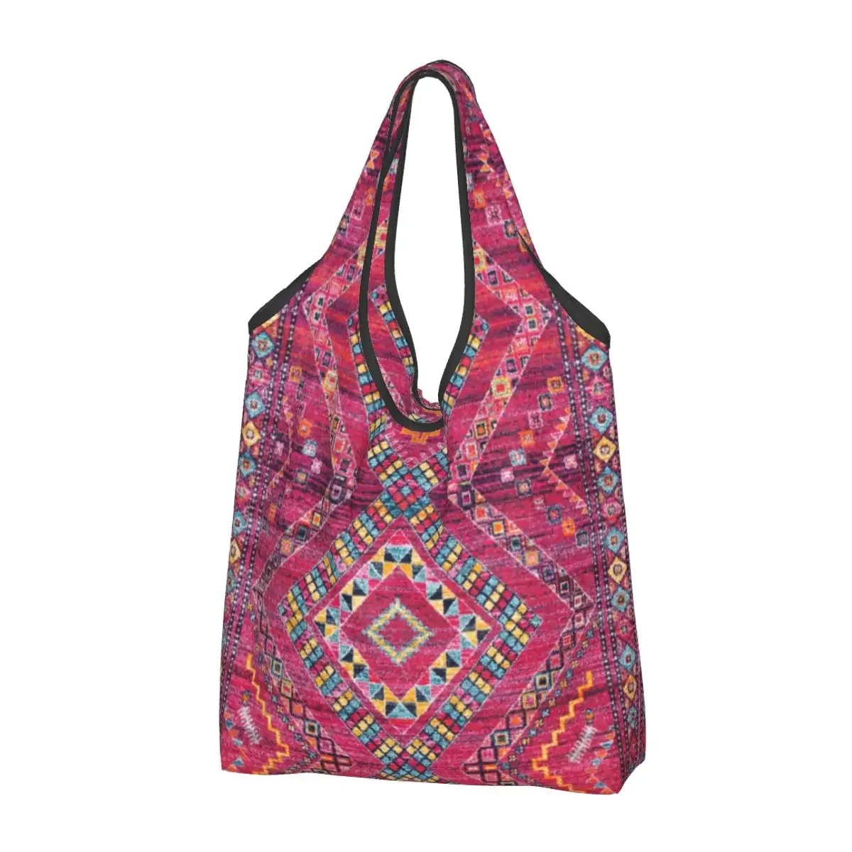 Recycling Vintage Pink Oriental Bohemian Moroccan Artwork Shopping Bag Tote Bag Portable Geometric Diamond Grocery Shopper Bags