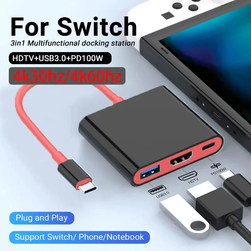 Portable 3 IN 1 4k/60hz 4k/30hz for Switch 1/2 Docking Station TYPE-C Hub with USB 3.0 Port and HDMI 100W PD Charging for Switch