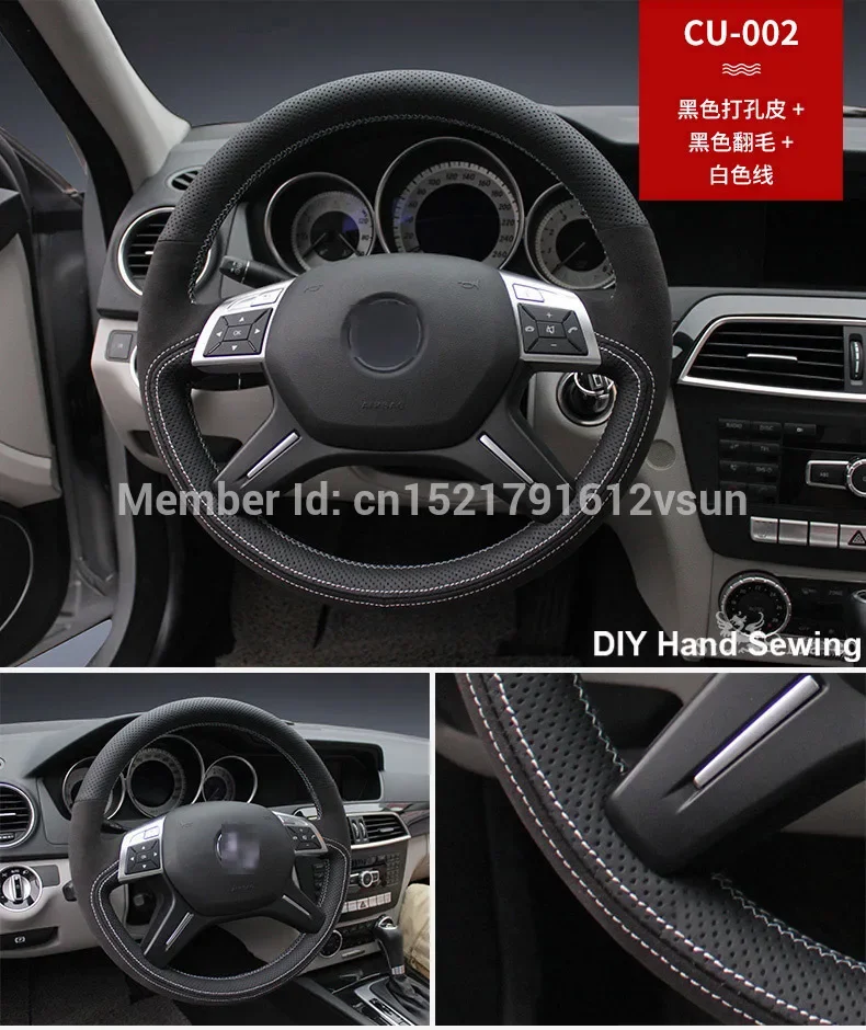 For Benz C200 2013 High Quality Hand-stitched Anti-Slip Black Leather Black Suede White Thread DIY Steering Wheel Cover