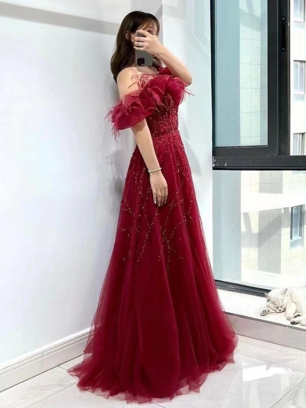 Feathers Off the Shoulder Evening Dresses Beaded A-line Dress For Bride Graceful Floor-length Bridal Gown Vestido De Novia