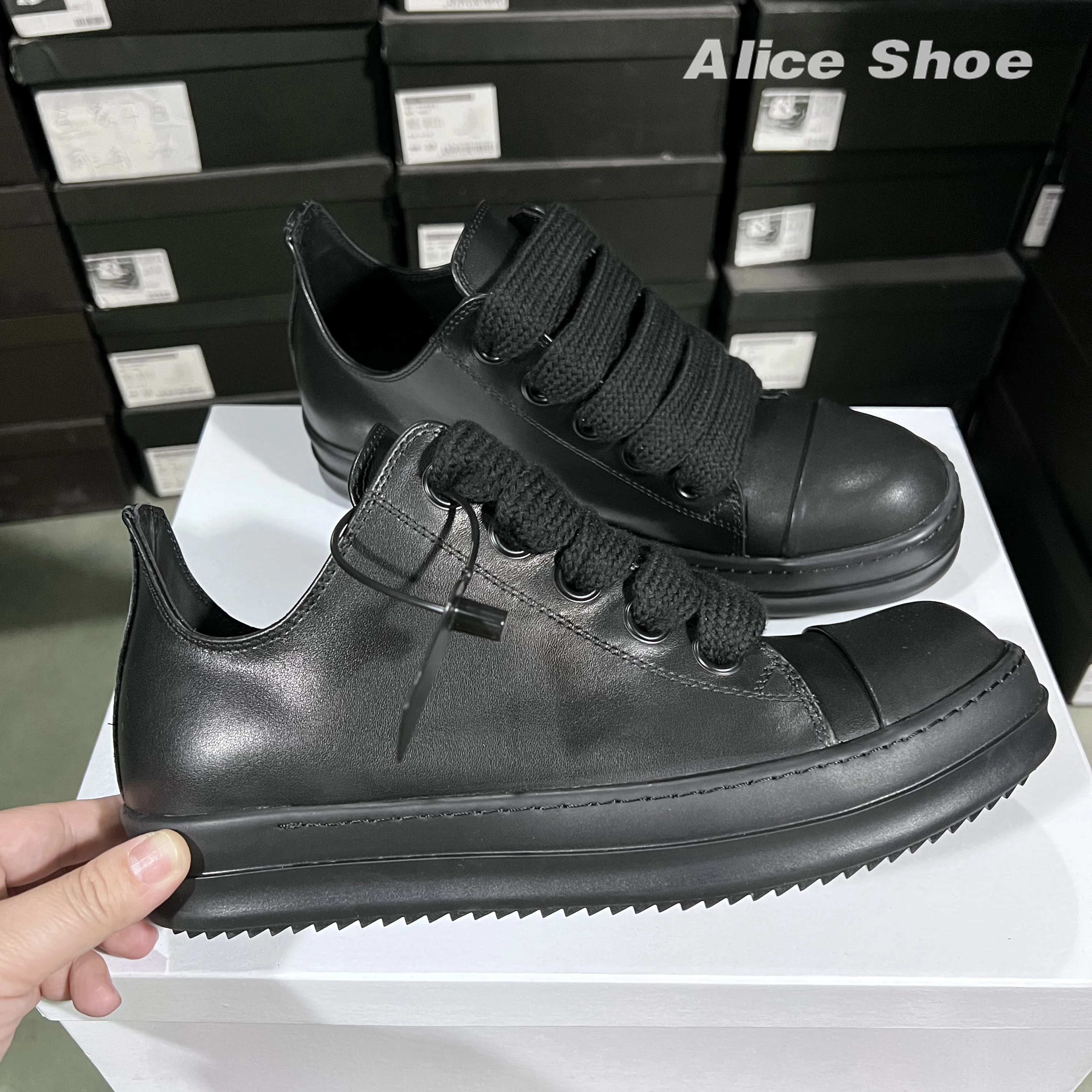 Ricks Designer Jumbo Lace-up Women Sneaker Low Top Quality Black Men Shoe Leather Thick-sole Luxury Street Roman Platform Shoe