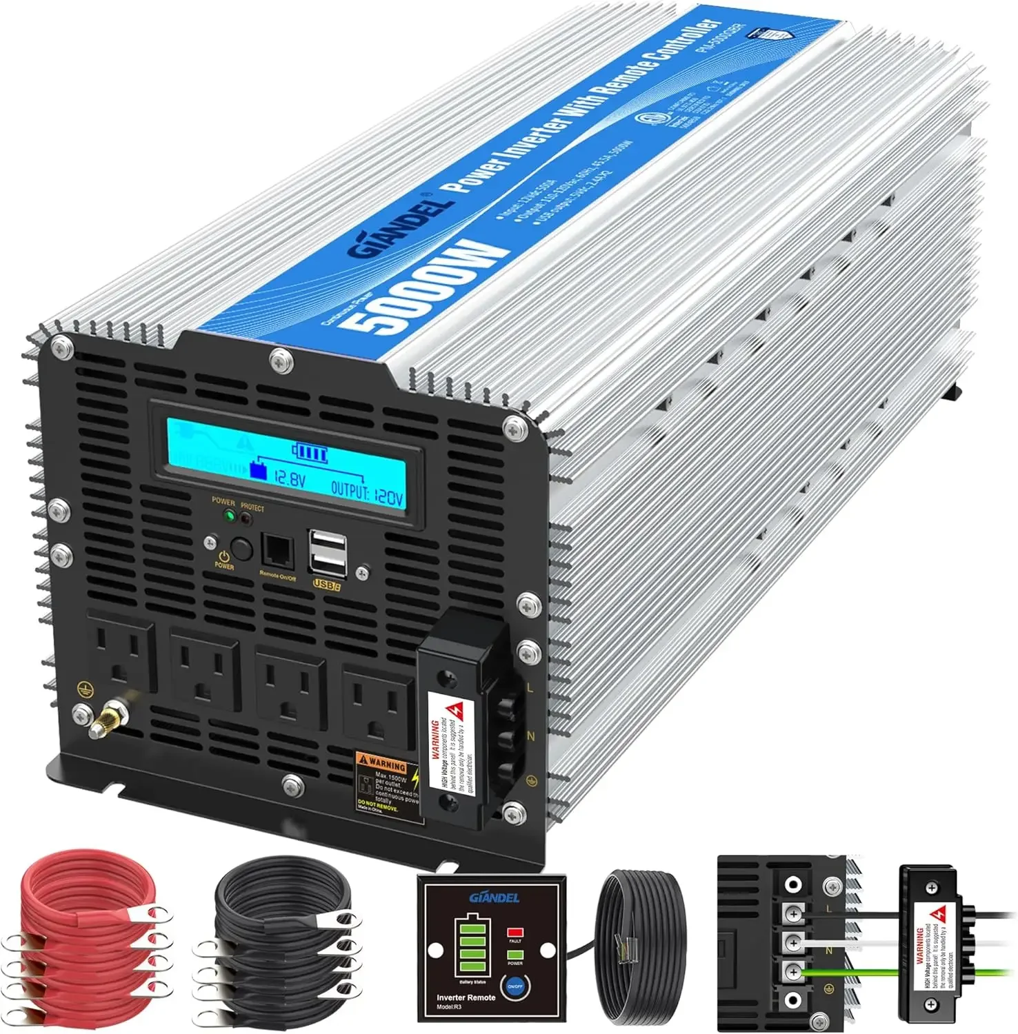 5000Watt Power Inverter ETL UL458 Listed Inverter 5000 W Converts 12V to 120 Vac with 40 Amps Hardwire Terminal