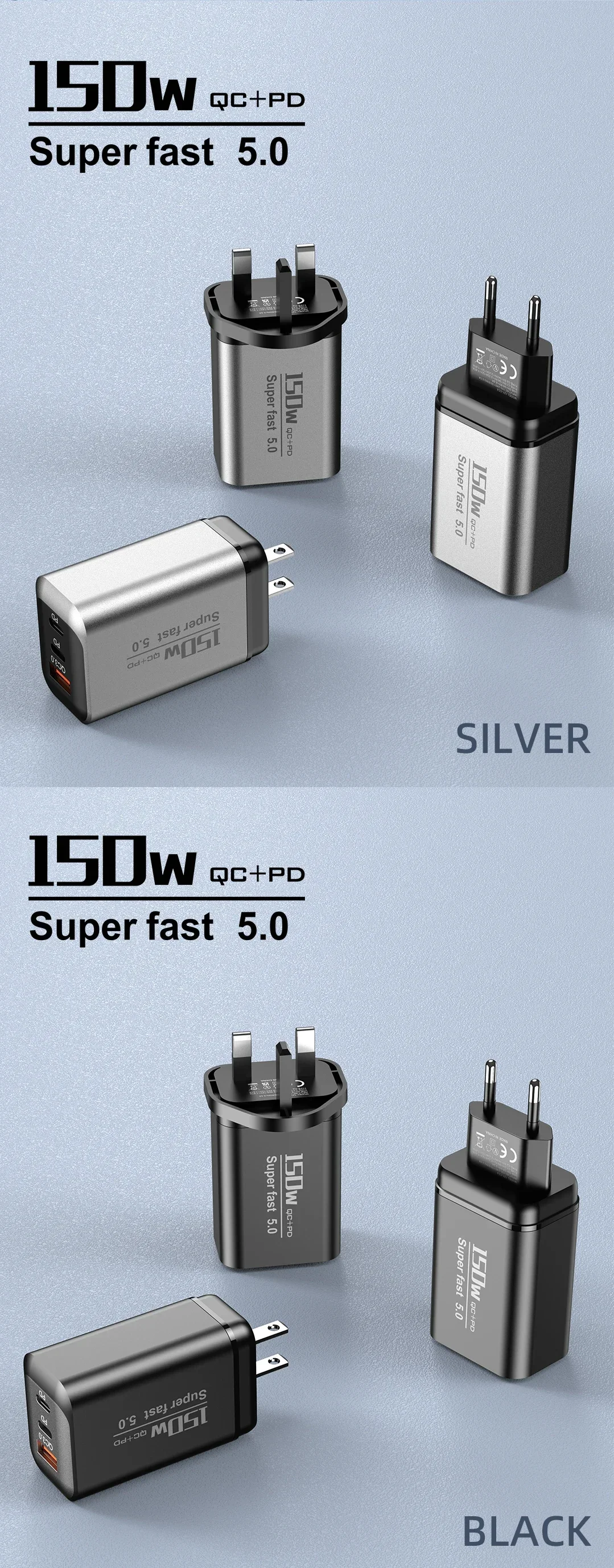150W Type C Charger Fast Charging Phone Charger Power Adapter For iPhone Samsung Xiaomi EU/US/UK Plug Quick Charge Wall Charger