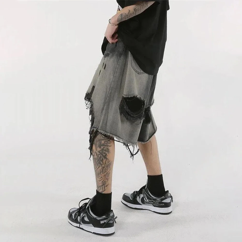 High Street Loose Washed Old Ripped Shorts American Retro Shorts Summer Street Y2K Hip Hop Tassel Wide Leg Casual Denim Shorts