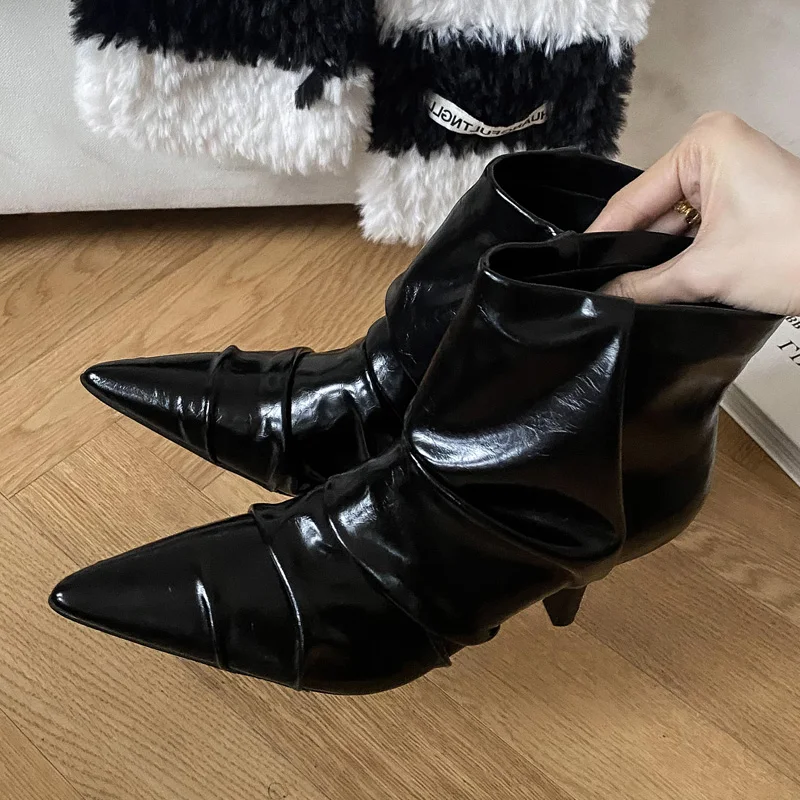 

Aneikeh дизайнерские плиссированные ботильоны женские пикантные женские туфли на тонком высоком каблуке с острым носком модные ботильоны без шнуровки