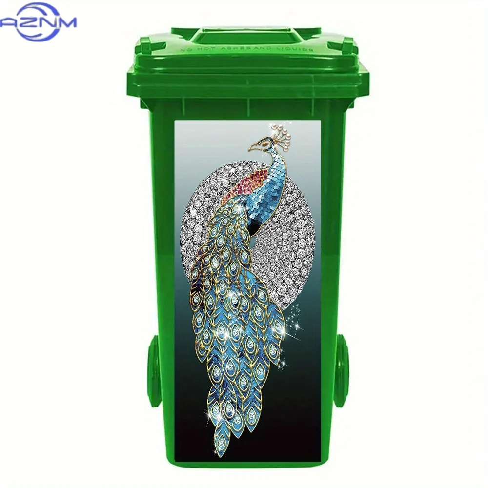 3D Gorgeous Diamond Peacock Art Theme Trash Can Decorative Stickers, Removable Waterproof Outdoor Wheeled Sanitation Trash Can