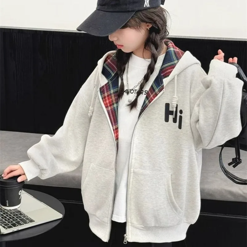 Girls' 2025 New Spring & Summer Mid-Large Korean Checkered Hooded Sweatshirt Versatile Casual Top
