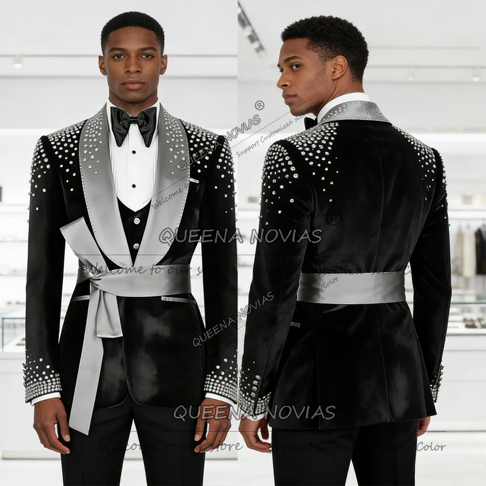 Exclusive Beaded Stones Suits Men For Wedding Designer Grey Satin Label Velvet Prom Blazers Customized Groom Tuxedos 3 Piece Set