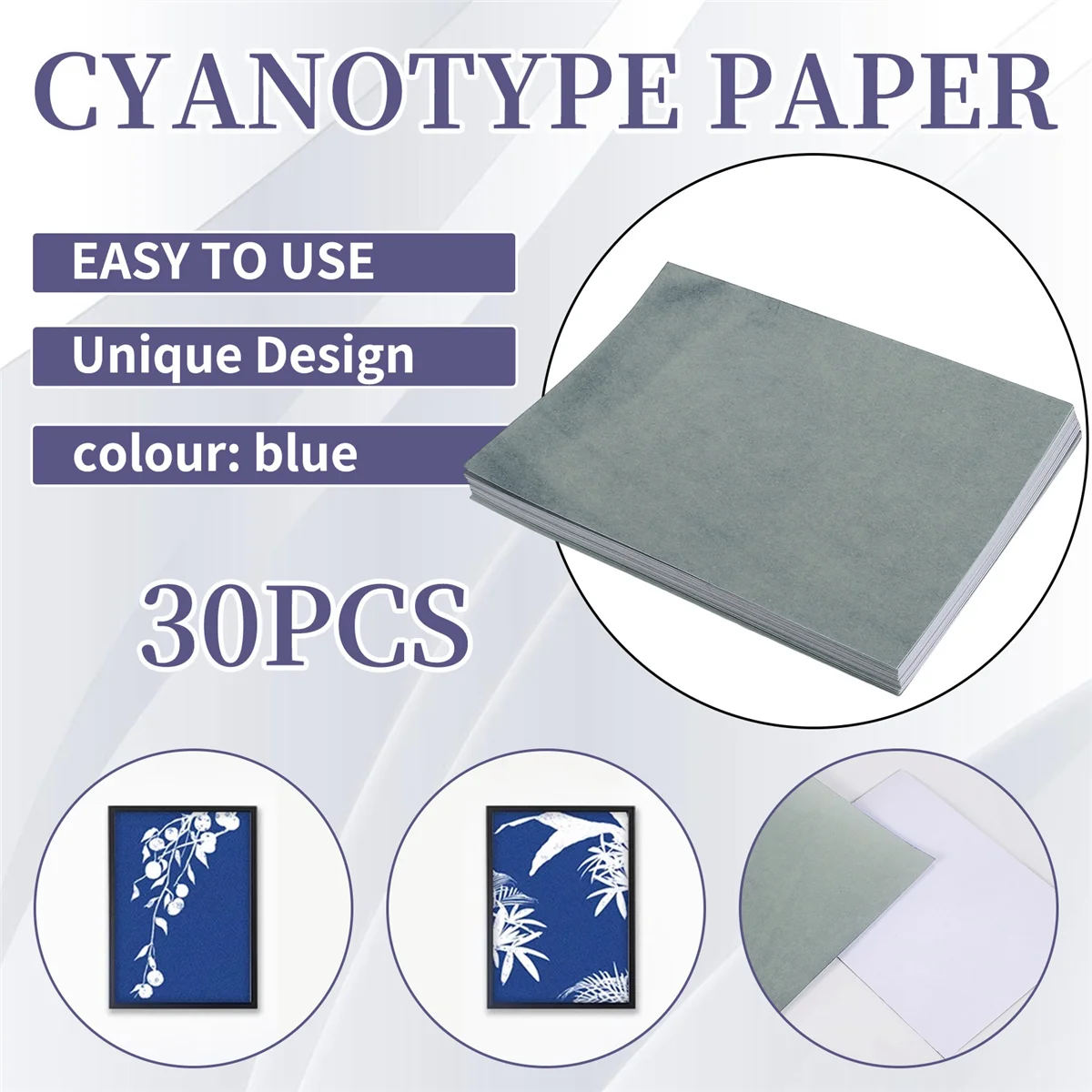 WHQT 30 folhas de papel cianótipo, kit de papel de arte solar, papel de desenho solar, papel de impressão natural para crianças e adultos, artesanato artístico