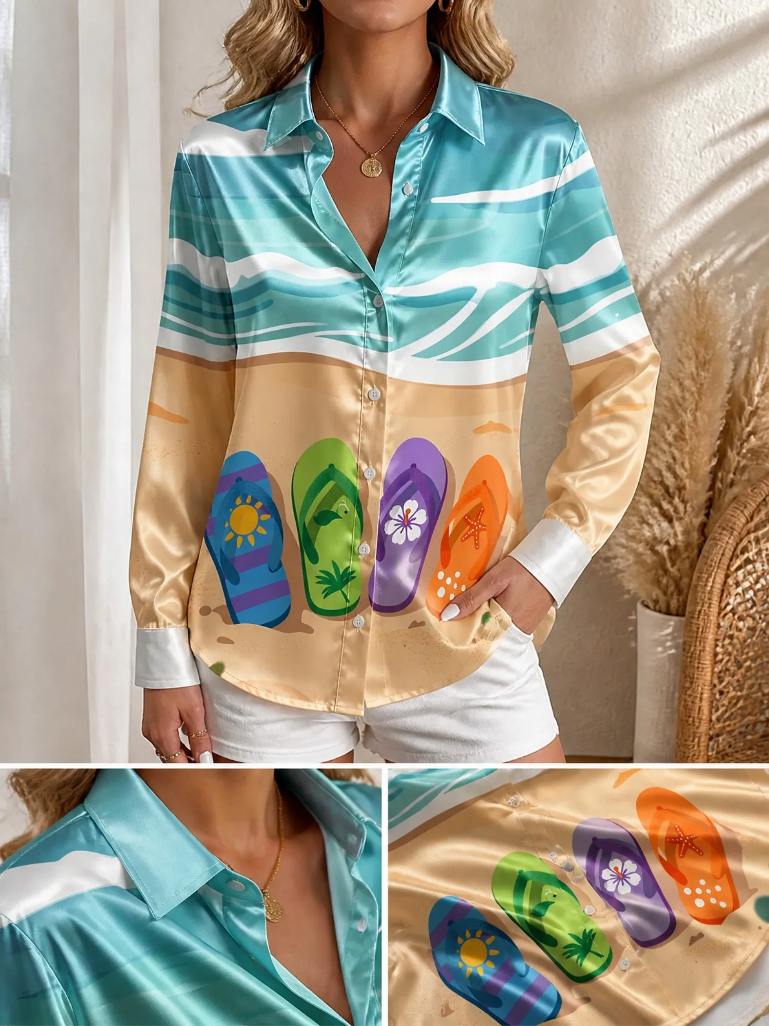 

Turquoise Beach Flip Flop Satin Blouse for Women Long Sleeve Button Down Shirt Summer Vacation Resort Silky Fashion Top Chic New