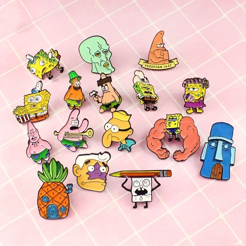 Cute Enamel Pins Brooch Cartoon Anime Sponges-Bobs Badges Denim Lapel Pin Jewelry Accessories Gift for Kids Best Friends