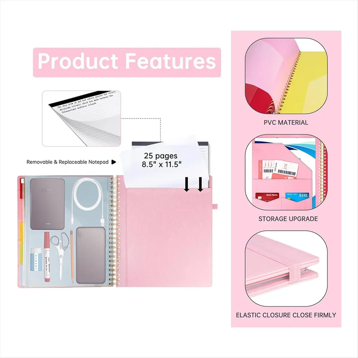 ABQR Presse-papiers en spirale rose avec sac de rangement à fermeture éclair, sac de rangement pour porte-documents avec presse-papiers, 5 dossiers divisés