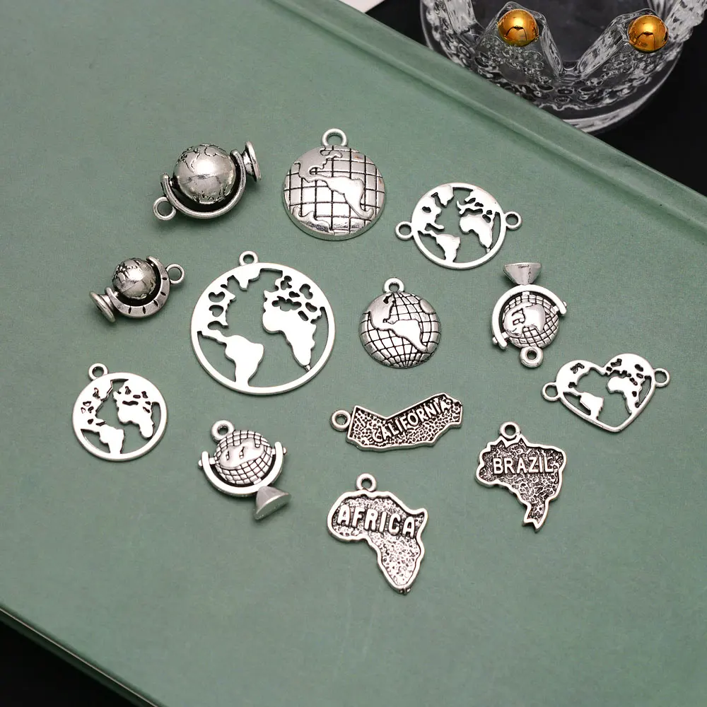 Antique Silver Plated Globe World Map Charms Africa Brazil California Pendants For Diy Jewelry Making Findings Craft Wholesale