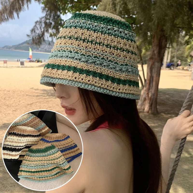 

Knitted Striped Bucket Hats For Women Handmade Crochet Fishermen Hat Ladies Skullies Caps Outdoor Beach Sunscreen Caps